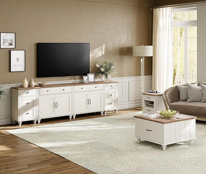 WAMPAT Farmhouse TV Stand for 100 Inch TV, 4-in-1 TV Console Table for 75/80/85/90 Inch TV, Entertainment Center with Charging Station, Kitchen Sideboard Buffet Cabinet for Dining Room, White