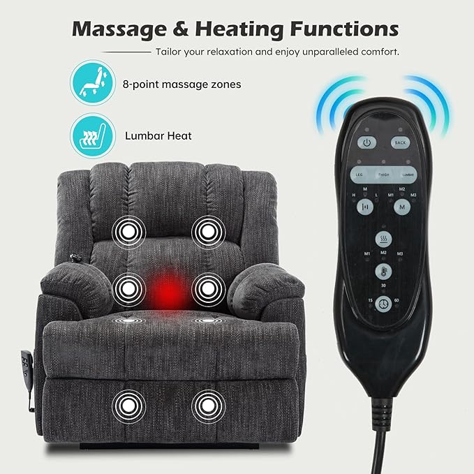 Power Lift Chair with Vibration Massage Heat for Elderly People, Dual Motor Electric Lay Flat Recliner Chair with Power-Remote, Standing Assistance Reclining, Chenille Dark Gray