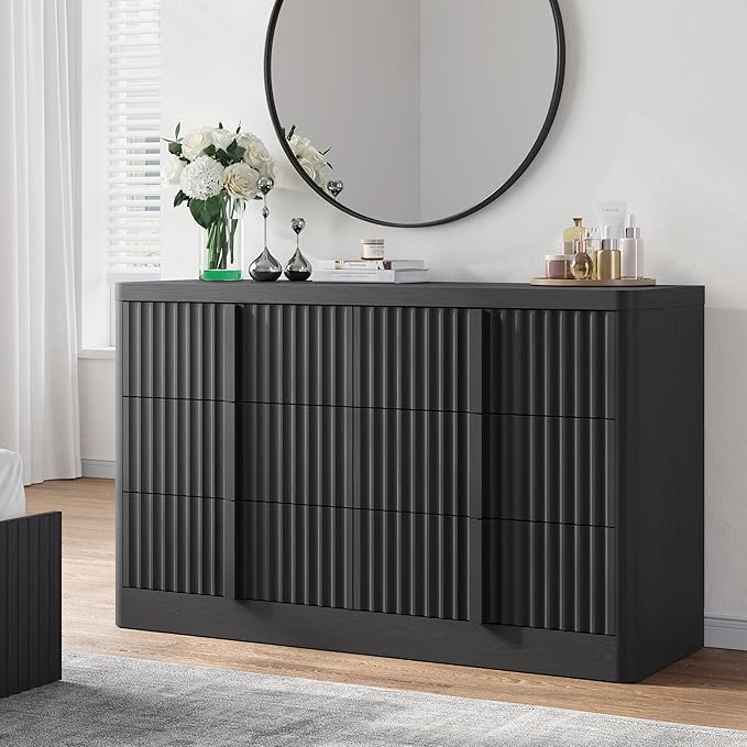 Fluted Dresser for Bedroom, 47" Wide 6 Drawer Dresser, Modern Chest of Drawers with Solid Wood Handle, Curved Profile Design, Wood Dressers Storage Organizer, Living Room, Hallway, Black