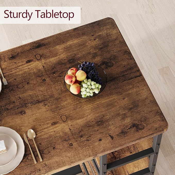 GAOMON Rustic Brown 3-Piece Counter Height Bar Kitchen Table Set with 3 Storage Shelves for Small Spaces, Apartment, Dining Table and 2 Upholstered Bar Height Chairs