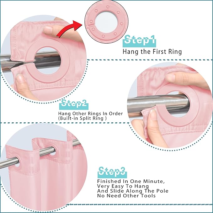 Conbo Mio No Hook Shower Curtain with Snap in Liner Set, Hotel Luxury Pink Shower Curtains for Bathroom with See Through Top Window, Waterproof, Washable 71W x 74H