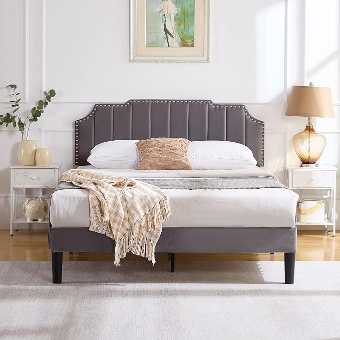 VECELO Queen Size Bed Frame Upholstered Platform with Tufted Adjustable Headboard/Mattress Foundation/Wood Slat Support,Easy Assembly,Dark Grey