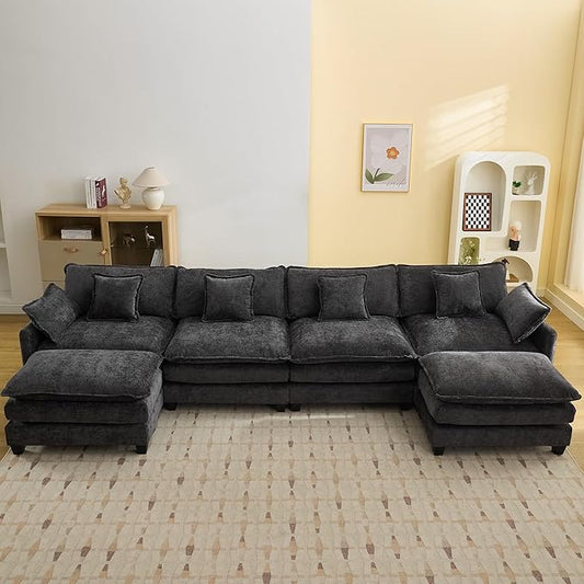 147'' Sectional Cloud Deep Seat Couch, Oversized Chenille U Shaped Sectional Sofa for Living Room Set, Comfy Upholstered Modular Sectional Sofa Couch with 2 Movable Ottoman, Dark Grey