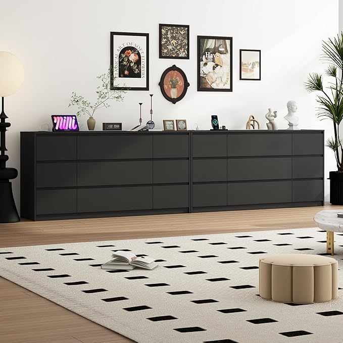 Black malm Dresser for Bedroom, 63 Inch Long 9 Drawers Dresser with Charging Station, Modern Large Wood Chest of Drawers Handle Free for Bedroom, Living Room, Entryway, Hallway, Black