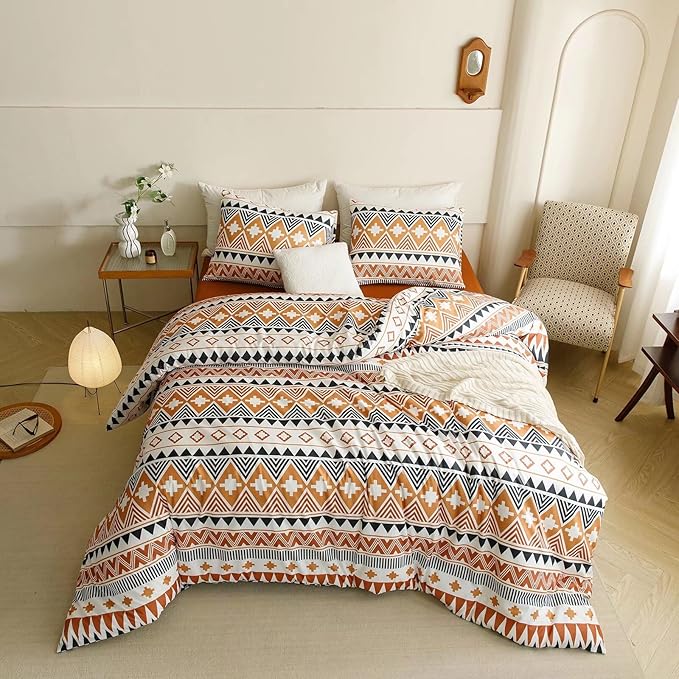 Luxlovery Boho Aztec Comforter Set Queen Orange Geometric Bedding Comforter Set Beige Black Colorful Farmhouse Blanket Quilts Soft Rustic 3PCS Comforter Set Queen Size
