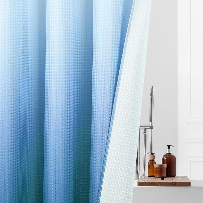 MitoVilla No Hooks Needed Blue Ombre Waffle Shower Curtain with Snap-in Liner, Modern Waffle Weave Heavy Duty Fabric Cloth Shower Curtain for Luxury Neutral Hotel Spa Bathroom Decor, 72 x 74