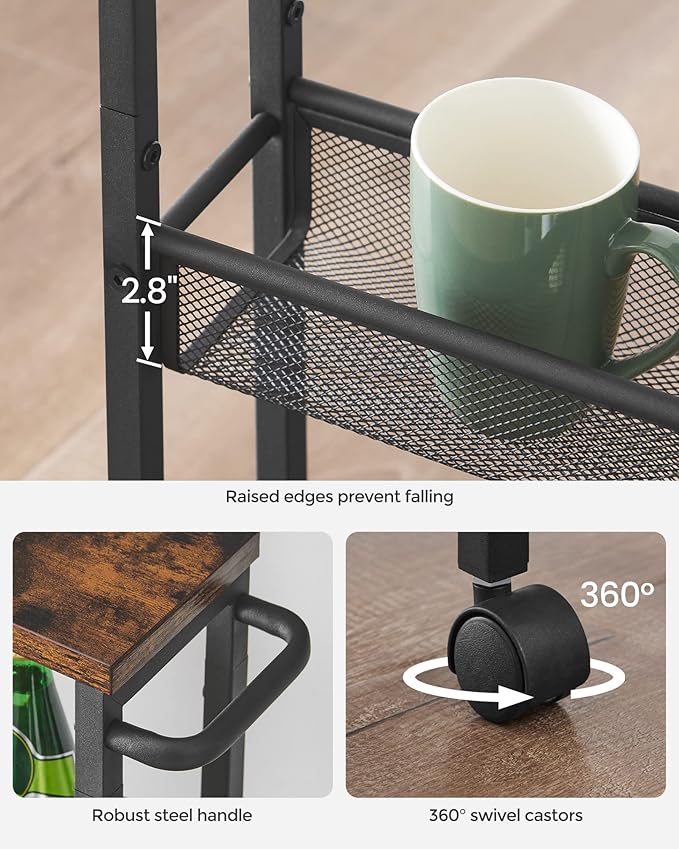 VASAGLE Slim Rolling Cart, 4-Tier Narrow Storage Cart with Handle, 5.1 Inches Deep, Metal Frame, for Kitchen, Dining Room, Living Room, Home Office, Rustic Brown and Classic Black ULRC032B01V1