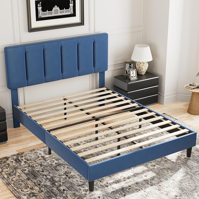 VECELO Queen Bed Frame with Upholstered Headboard, Heavy-Duty Platform Bedframe with Strong Wooden Slats Support, No Boxing Spring Needed, Dark Blue
