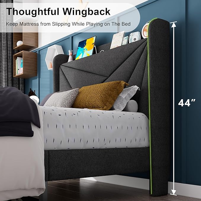 Feonase Twin Size Bed Frame with Charging Station, Upholstered Linen Platform Bed Frame with Wingback Headboard, Solid Wood Slats Support, No Box Spring Needed, Noise Free, Charcoal Grey