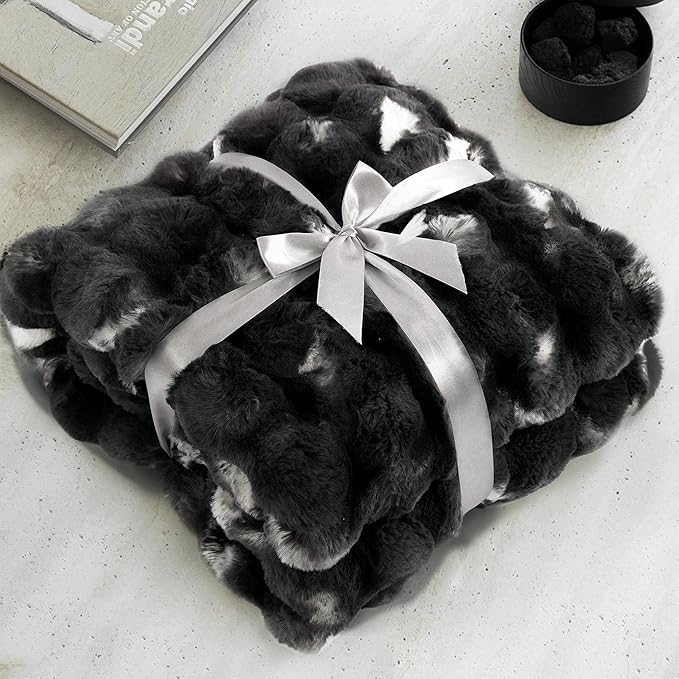 Ultra Plush Bubble Faux Rabbit Fur Blanket – 950GSM Thick Fluffy Throw Blanket for Bed, Couch, Sofa, or Gift, 50" × 60", Tie-dye Black
