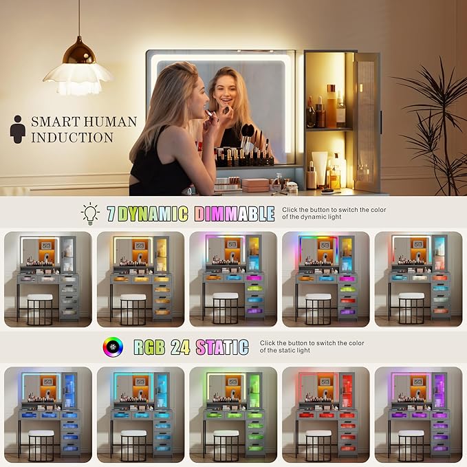 Vanity Desk with Mirror and RGB Lights, Makeup Vanity Desk with Wireless Charging Station,Large Dressing Table Set with Stool,LED Vanity Table with 6 Drawers/Cabinet/Shelves for Bedroom, Grey