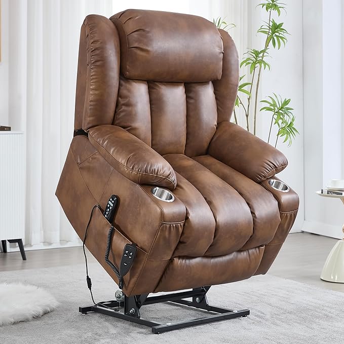 Lay Flat Lift Recliner Chair with Massage & Heat for Elderly People, Electric Power Lift Chair with Dual Motor, Cup Holders and 2 Remote Controls, Breathable Faux Leather Brown