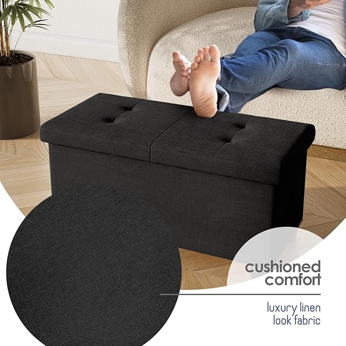 STORAGEBUD Storage Ottoman Bench with Bins, 30-in Storage Bench for Bedroom End of Bed, Folding Foot Rest Ottoman for Living Room Max 660lbs, Fabric Ottomans, Black