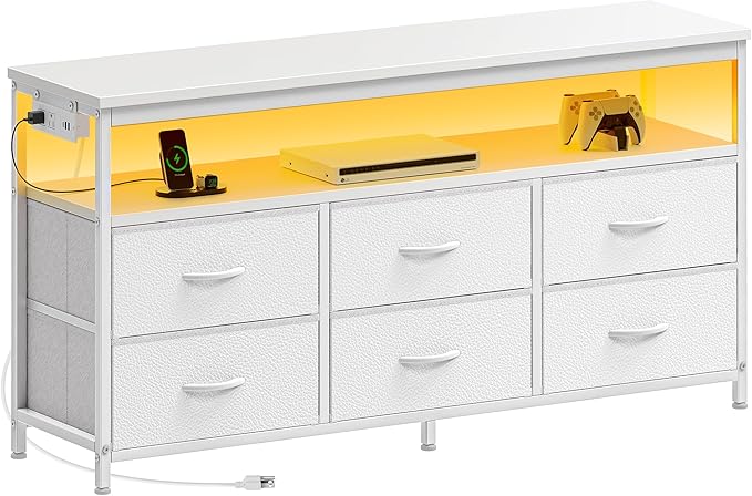 Huuger LED TV Stand for Bedroom, 47 Inch Dresser TV Stand for 43, 50, 55 Inch TV, White TV Stand with Storage, Entertainment Center with Power Outlets, 6 Drawer Fabric Dresser for Living Room