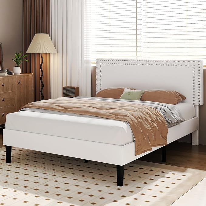 VECELO Full Size Bed Frame with Adjustable Upholstered Headboard, Wooden Slats Platform, Noise-Free Design, Easy Assembly