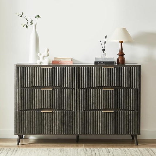 55" Wide Fluted 6 Drawer Dresser, Mid Century Modern Curved Dresser, Light Wood Chest of Drawers for Bedroom, Living Room and Entryway, Dark Grey