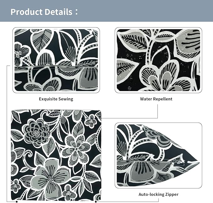 Outdoor Throw Pillow Covers 16x16 Inch, Square Patio Pillow Cases Pack of 2, Modern Decorative Back Cushion Covers for Patio Furniture Garden Couch Farmhouse,Flower Black