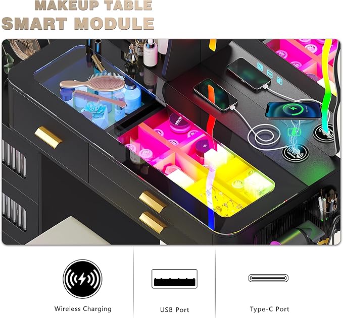 RGB Makeup Vanity Desk with Wireless Charging Station,7 Dynamic and 7 Static Dimmable Vanity Table with Glass Desktop,Vanity Mirror with Lights Desk and Chair,8 Drawers,Stool