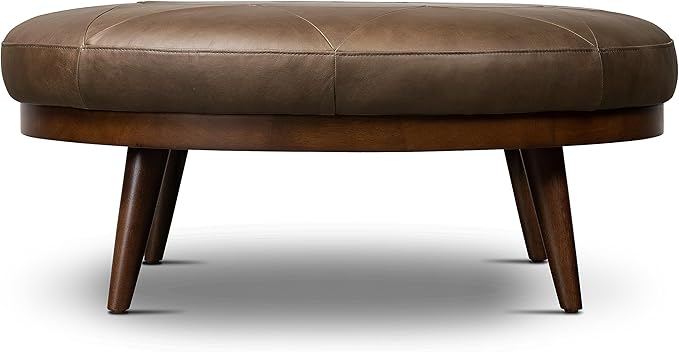 POLY & BARK Gio Ottoman – 30” Round with Feather-Down Topper – Full-Grain Leather Upholstery – Couch Ottoman for Living Room – Vintage Italian Leather in Cocoa Brown