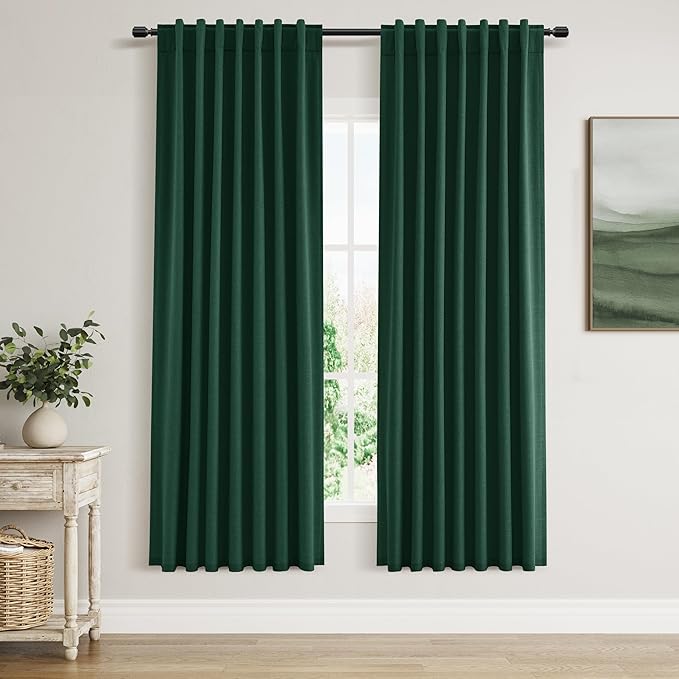 Guken Blackout Curtains 72 Inch Length 2 Panels Set for Living Room Bedroom Back Tab Thermal Insulated 100% Black Out Linen Drapes Room Darkening Window Curtains 72 Inches Long,Emerald Green