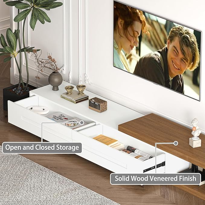 82-115" W Extendable TV Stand for TVs up to 120", Wood Modern Entertainment Center with 2 Large Drawers, Media Console Table for Living Room, White