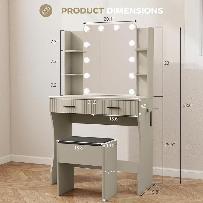 Small Vanity Desk with Mirror and Lights, Makeup Vanity Desk with 3 Color Modes Adjustable Bulb, 2 Large Drawers and 4 Open Storage Shelves, Gray Vanity with Charging Station for Bedroom