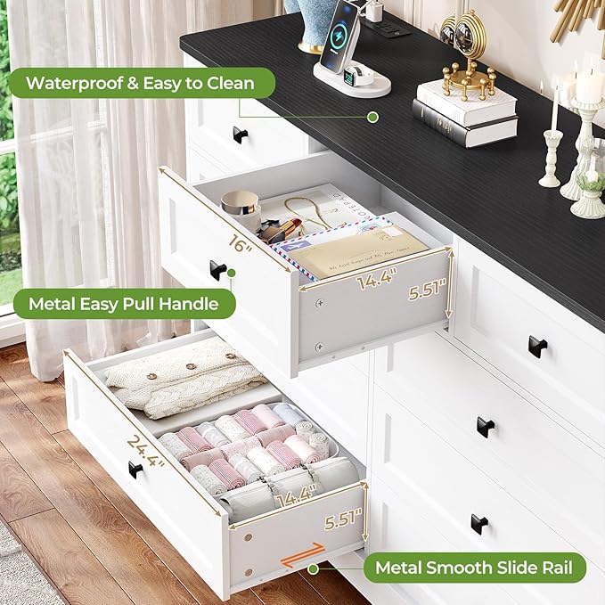 Hasuit Dresser for Bedroom with 9 Drawers, 51.2" Large Dresser with Charging Station, Wide Farmhouse Dresser Chest of Drawers, Wooden Storage Tower Organizer, Dresser for Bedroom Closet, White/Black