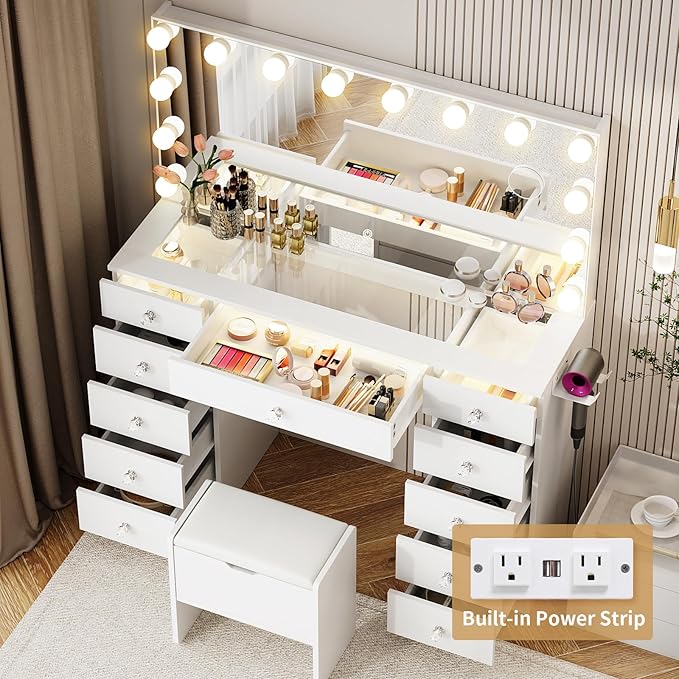 VOWNER Vanity with Lighted Mirror - Glass Top Makeup Vanity Desk with Lights and 11 Drawers, 3 Color Lighting Modes Adjustable Brightness, 46" Makeup Desk with Soft Cushioned Stool for Bedroom, White