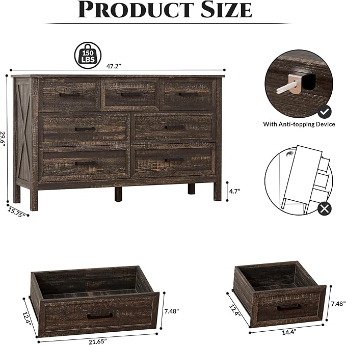 LYNSOM Farmhouse 7 Drawers Dresser for Bedroom, Wood Rustic Wide Chest of Drawers with Deep Drawers, Metal Handle, Storage Dressers Organizer for Entryway, Hallway, Dark Rustic Oak