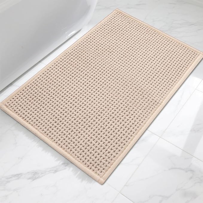 Bathroom Rugs Non Slip Washable, Super Absorbent Thin Bath Mat for Small Quick Dry Low Pile Bathroom Rug, (Khaki, 24″x16″)