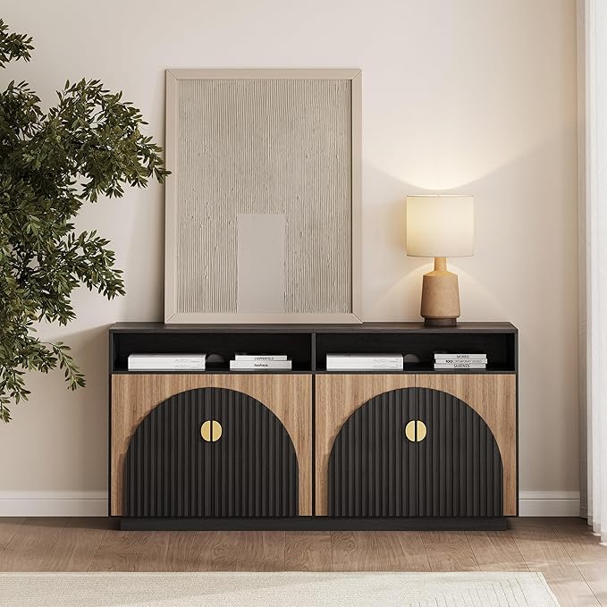 BELLEZE 65 Inch Fluted TV Stand, Mid Century Modern Entertainment Center with Storage Cabinets & Open Shelves, Media Console TV Cabinet with Adjustable Shelves for Living Room, Camel