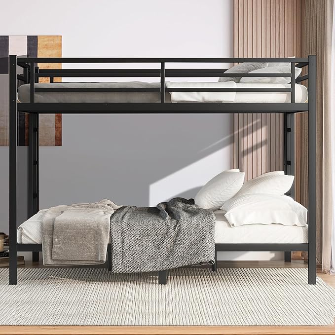 Queen Over Queen Bunk Bed Frame, Heavy Duty Metal Loft Bed for Adults/Teens, 400/600LB Capacity w/Ladder & Guardrail, Noise-Free Steel Slats, No Box Spring Required, Black
