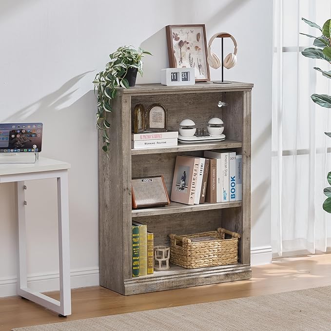 43" Grey Tall Bookshelf,3-Tier Thick Wooden Book Shelf with Adjustable Shelves,Free Standing Farmhouse Bookcase with Open Display Storage,Floor Vintage Bookshelves for Living Room,Office