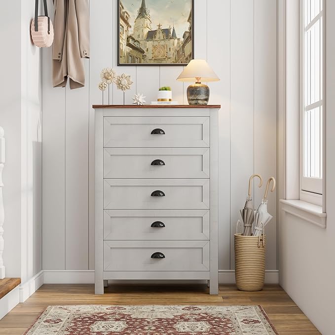 Wananlanen® Farmhouse Dresser for Bedroom, Antique Double Dresser & Chest of Drawer with Vintage Handle and Storage, Wooden Tall Rustic Organizer for Bedroom