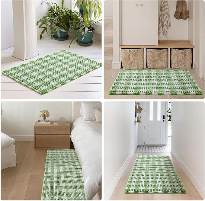 Waffle Bath Mat, Boho Bathroom Rugs Non Slip Washable Absorbent Checkered Bathroom Mat Quick Dry Cute Bath Mat, 36"x24" Green and White