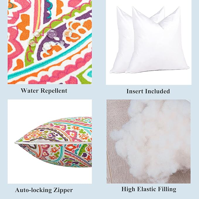 FUNHOME Outdoor Indoor Throw Pillows 18”x18”, Set of 2 Decorative Throw Pillows with Inserts, All Weather Water-Repellent Square Pillows for Bed, Couch, Sofa and Patio Furniture-Melora Paisley