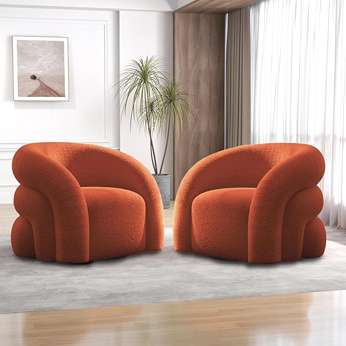 Swivel Accent Chair Set of 2,Upholstered Sherp Barrel Armchair 365° Round Modern Boucle Chair No Assembly for Living Room,Comfy Single Sofa Chairs for Bedroom(Orange)