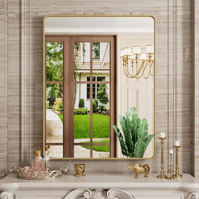 Gold Bathroom Mirror, 28x36 Inch Brushed Gold Metal Frame Mirror for Wall, Rounded Rectangle Bathroom Vanity Mirror, Tempered Glass, Anti-Rust, Horizontal/Vertical