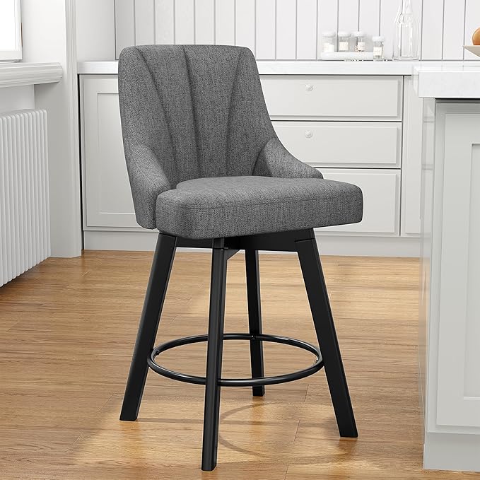Swivel Bar Stools with Backs, 24" Counter Height Bar Stools, Fabric Upholstered Counter Barstools with Solid Wood Legs for Kitchen Island, Home Bar, Dark Gray
