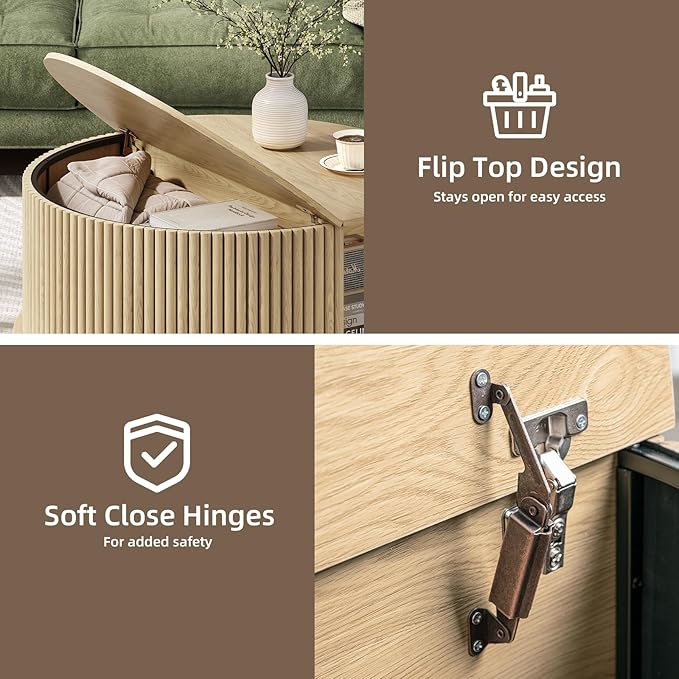 Round Coffee Table with Storage, Mid Century Modern Center Table with Sliding Cabinet Door, Fluted Dining Table for Living Room, Home Small Space, 31.5", Oak