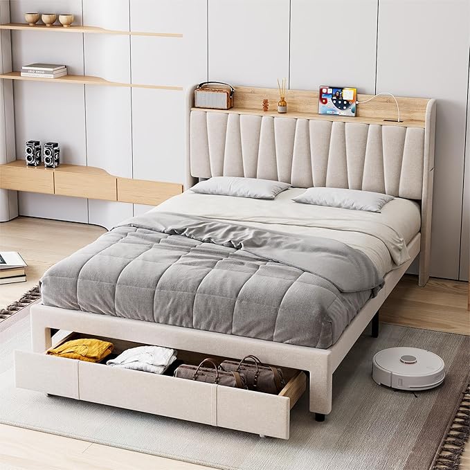 GarveeHome Upholstered Bed Frame with Storage Headboard and Charging Station, Platform Bed Frame with Drawers, Heavy Duty, No Box Spring Needed, Easy Assembly, Beige, Full Size