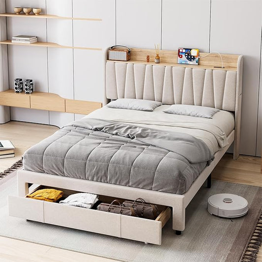 GarveeHome Upholstered Bed Frame with Storage Headboard and Charging Station, Platform Bed Frame with Drawers, Heavy Duty, No Box Spring Needed, Easy Assembly, Beige, Full Size