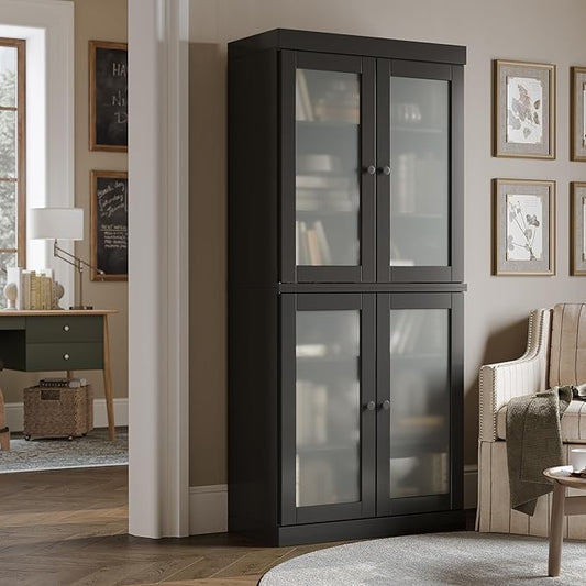 Palace Imports Solid Wood Bookcase w/Frosted Glass Doors & Adjustable Shelves - 6-Tier Bookshelf, 71.5" H x 32” W - Black, 100% Renewable Eco-Friendly Wood, Made in Brazil