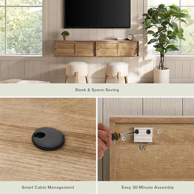 mopio Lauren Floating TV Shelf, Multi-Purpose Modular Under TV Display Shelf, Wall Mounted Wood Television Cabinet, Nightstand, Side Table, End Table, Bedside Shelves for Bedroom (Oak, 62", Twin)