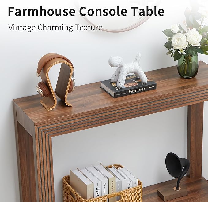 Mid-Century Fluted Console Table with Storage, Narrow Wooden Entryway Sofa Table Behind The Couch Small Entry Table for Entryway, Front Hall, Hallway Living Room, Walnut