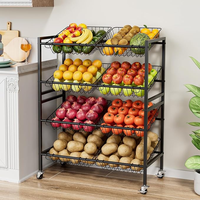 25.2''W Kitchen Storage Cart, Rolling Snack Cart, 4 Tier Fruit Basket Stand, Metal Pantry Storage with 8 Stackable Wire Baskets, Black