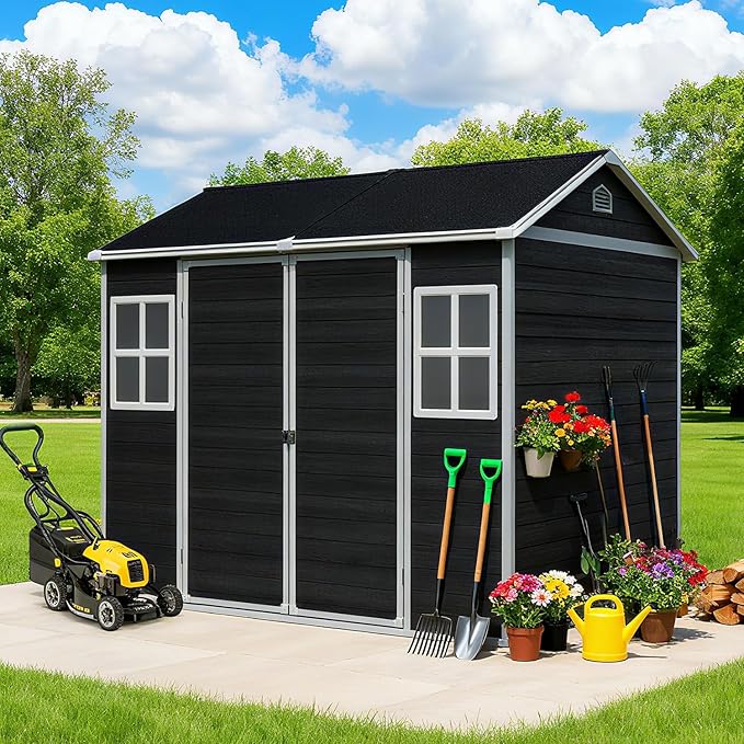 8x6 FT Outdoor Storage Resin Shed with Floor, Waterproof Plastic Garden Tool Shed with Windows, Vents & Lockable Door and Sloped Roof, Easy to Assemble Bike Shed for Patio, Backyard, Lawn, Black