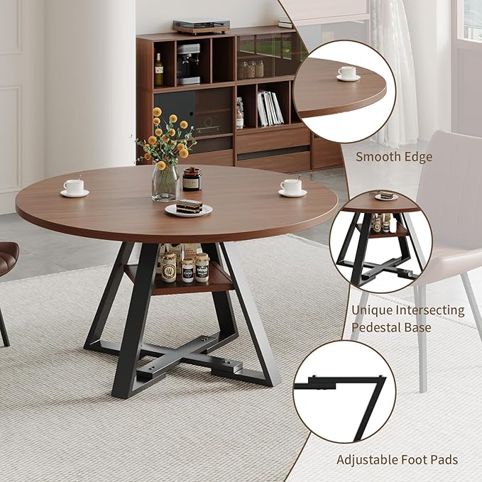 45.3" Walnut Round Dining Table Set with 4 Chairs – Mid-Century Modern Small-Space Kitchen & Dining Room Furniture for Apartment or Breakfast Nook (Boxwood – Storage Table + 4 Black Chairs)