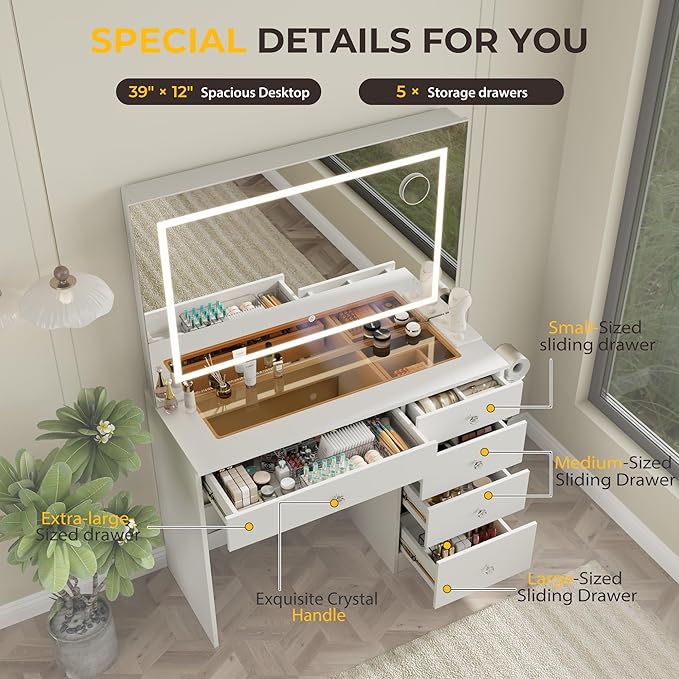 39" Vanity Desk with Mirror and Lights, 5 Drawers Makeup Vanity Desk with Tempered Glass top, 3 Lighting Modes Adjustable Brightness, White Vanity with Magnetic 5X Magnifier for Bedroom