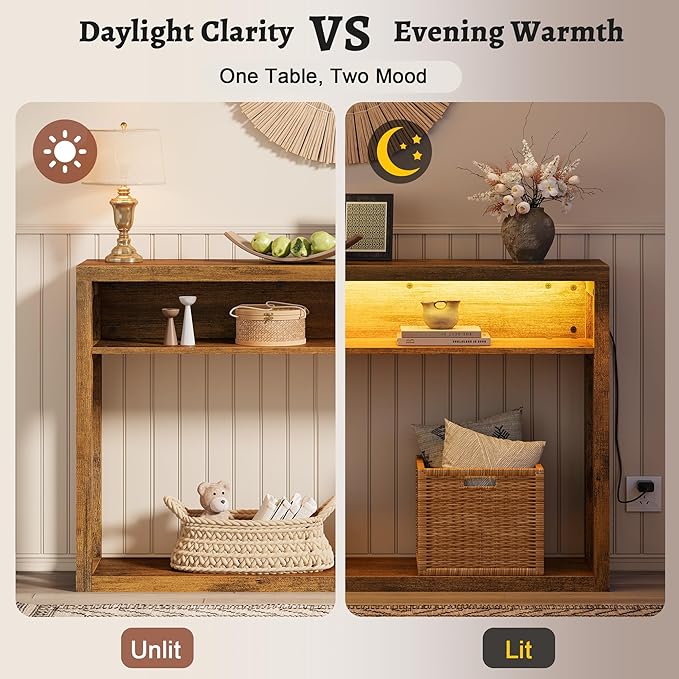 FAVOOSTY Farmhouse Console Table with Storage, 47" Entryway Console Table with Led Light, 2-Tier Entryway Table Sofa Table Behind Couch Table Hallway Stand for Living Room,Foyer,Entrance Brown